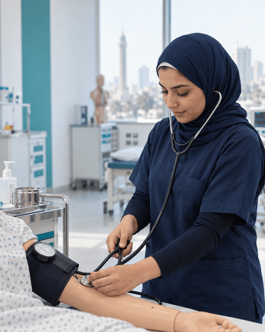 متدربة مصرية محجبة داخل معمل تدريبي مجهز